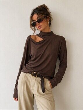 Joelle Collection (108$) | 'Broome' Asymmetric Cutout Mock Neck Top in Brown, S